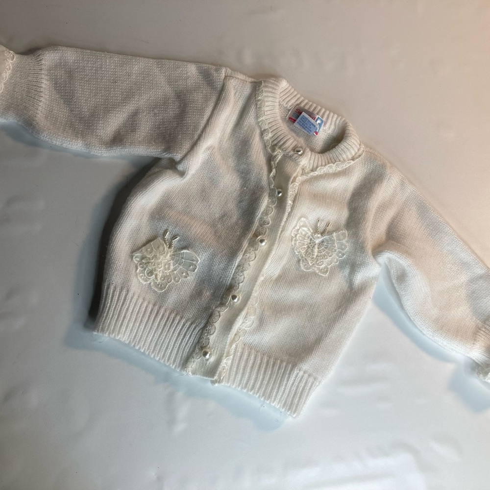 Vintage80s Small Steps White Knitted Butterflies Sweater 18Months
